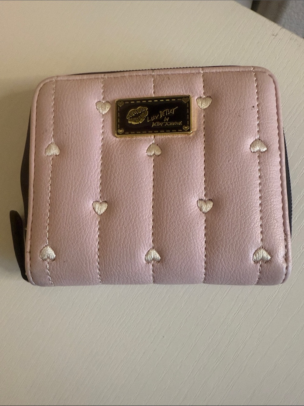 Betsey Johnson Pink Quilted Heart Zip Wallet with Gold Logo Plate